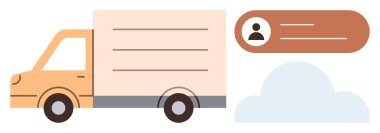 Lojistik, ulaşım, dijital iletişim, çevrimiçi iş, nakliye yönetimi, e-ticaret, verimli teslimatı vurgulayan kullanıcı profili ve bulut elementi taşıyan teslimat kamyonu.