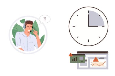 Kulaklık reaksiyonları, konuşma balonu, saat ve veri uyarılarını gösteren ekranlarda bir destek ajanı. Müşteri desteği, sorun giderme, zaman yönetimi, verimlilik, son teslim tarihi stresi için ideal