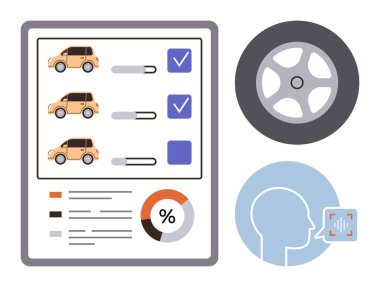 Araç karşılaştırma şeması, işaretli kutular, liste özellikleri, tekerlek tasarımı, pasta çizelgesi ve ses komut simgesi. Otomotiv seçimi, mühendislik, kullanılabilirlik, karar verme yeniliği pazarlaması için ideal