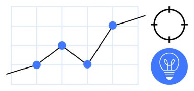 Artan eğilim ve mavi veri noktalarına sahip çizgi grafiği, yaratıcılık için daire hedef simgesi ve ampul. Analiz, hedef planlaması, strateji, yenilik, finans, iş sade iniş için ideal
