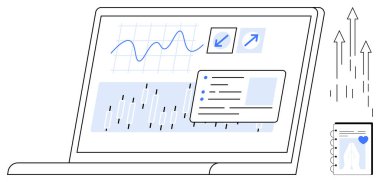 Çizelgeleri, grafikleri gösteren ve büyüyen oklarla mobil uygulamayı güncelleyen dizüstü bilgisayar. Analiz, raporlama, iş büyümesi, teknoloji, uygulama entegrasyon ilerleme verimliliği için idealdir. Basit düz