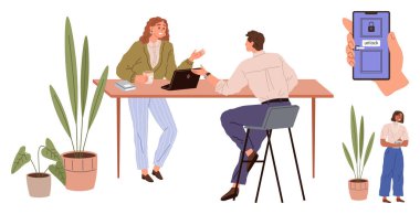 İki meslektaş, yakınlarda bitkilerle modern bir masada tartışıyorlar. Ekranın kilidini açan telefonu tutan bir el. Takım çalışması, dijital güvenlik, işbirliği, ofis, büyüme için ideal