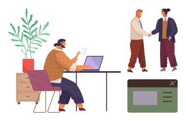 Dizüstü bilgisayarda yazı yazan profesyonel, iş arkadaşları el sıkışıyor, sağ altta arayüz tasarımı elemanı var. Takım çalışması, işbirliği, profesyonellik, dijital çalışma alanı, çevrimiçi hizmetler için ideal