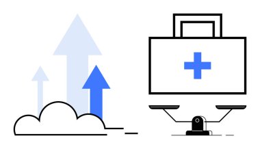 Buluttan yükselen oklar büyümeyi simgeler, sağlık dengesi için ilk yardım çantasıyla eşleştirilir. Sağlık, ilerleme, büyüme, yenilik, refah, denge, başarı için idealdir.