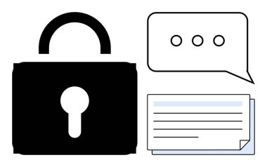 Büyük asma kilit, elipsli sohbet balonu ve güvenli mesajlaşma, mahremiyet ve veri gizliliğini sembolize eden belge yığını. Siber güvenlik, şifreleme, veri gizliliği ve iş için ideal