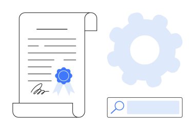 Mavi mühür ve imzayla işaretlenmiş onay belgesi, işlemleri simgeleyen dişli simgesi ve arama çubuğu. Sertifika, iş akışı, onay süreci, anlaşma, yenilik, araştırma için ideal