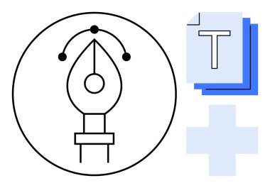 Noktaları ve eğrileri olan kalem aracı simgesi, katmanlı metin blokları ve artı bir sembol. Grafik tasarımı için ideal, yaratıcılık, dijital araçlar, düzenleme, tipografi, yenilik basit iniş sayfası