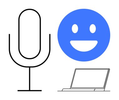 Siyah çizgili mikrofon, mavi gülen yüz ve basit dizüstü bilgisayar tasarımı. İletişim, podcast, teknoloji, yaratıcılık, dijital araçlar, uzaktan iniş sayfası için ideal