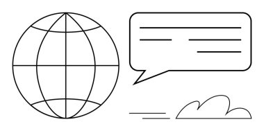 Enlem ve boylam çizgileri olan dünya bir konuşma baloncuğu ve buluta bağlı. İletişim, ağ oluşturma, küresel ulaşım, teknoloji, çevrimiçi etkileşim, işbirliği, basit düz metafor