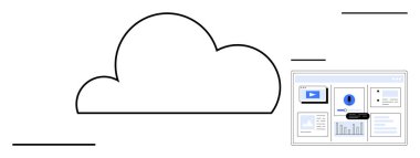 Analiz, video ve dosyaları gösteren bir panele bağlı ana hatlı bir bulut veri depolama kavramı. Teknoloji, iletişim, veri erişimi, uzaktan çalışma, yazılım, verimlilik için ideal