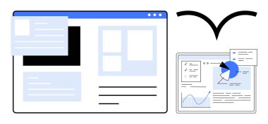 Web sayfası düzenleri grafikler, çizelgeler ve veri panelleri olan bir gösterge paneline geçiş yapıyor. UX tasarımı, veri görselleştirme, geliştirme, iş akışları, analizler, basit iniş sayfası için ideal
