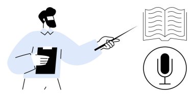 Pano ve kalem tutan adam, mikrofon ve kitap öğretmeyi, topluluk önünde konuşmayı ve öğrenmeyi temsil ediyor. Eğitim, iletişim, seminerler, çevrimiçi kurslar, web yayınları için ideal bir iniş sayfası