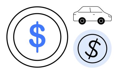 Dairelerin içinde mavi dolar tabelaları ve para meselelerinin otomobil harcamaları, bütçe ve sigortayı etkilediğini gösteren bir araba taslağı. Finans, ulaşım, yatırım, krediler, tasarruflar, araba için ideal