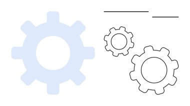 Büyük mavi dişli ve iki küçük dişli süreci, mekanizmayı, takım çalışmasını, sanayiyi, yeniliği ve problem çözmeyi sembolize eder. Teknoloji, mühendislik ve iş stratejisi için ideal
