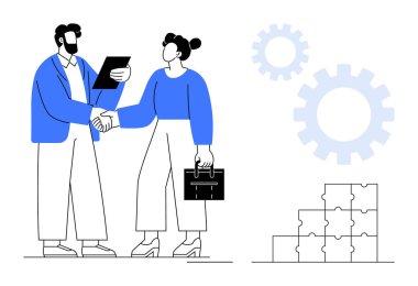 İki profesyonel, bulmaca blokları ve viteslerle birlikte evrak çantasını tutarken bir pano ile tartışırken el sıkışıyor. İş, ortaklık, işbirliği, takım çalışması, sorun çözme için ideal