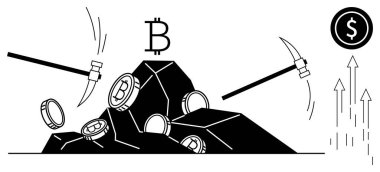 Kazmalar vurduğunda kayalardan çıkan Bitcoin sembollü sikkeler. Büyüyen oklar yükselen karı simgeler. Engelleme zinciri, finans, teknoloji, yatırım, madencilik, kripto para birimi zenginliği için ideal. Temiz