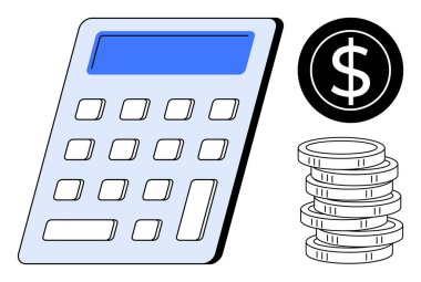 Hesapları, muhasebe, finansal planlamayı, bütçe takibini, yatırımı, maliyet analizini ve tasarruf yönetimini vurgulayan bozuk paralar ve dolar işaretlerinin yanı sıra hesap makinesi. Basit düz metafor