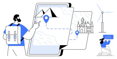 Gezgin, haritada işaretli bir yere işaret ediyor. Arka planda rüzgar türbini, insan kodlaması. Seyahat, teknoloji, navigasyon, eğitim, sürdürülebilirlik ve yenilik için idealdir.