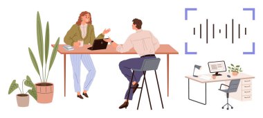 İki meslektaş ortak bir masada dizüstü bilgisayarda çalışmayı tartışıyor. Masanın yanında monitör, kırtasiye malzemesi ve lamba var. İşbirliği, takım çalışması, ofis hayatı, verimlilik ve sohbet için ideal