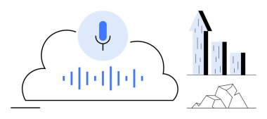 İçinde ses dalgaları, bar çizelgesi ve yukarı doğru ok olan bir mikrofon. Yapay zeka, ses işleme, bulut teknolojisi, veri analizi, büyüme, yenilik için ideal basit iniş sayfası