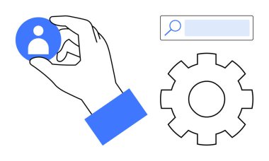 Elinizde bir kullanıcı profili simgesi, arama çubuğu ve vites sembolü taşıma ayarları, kullanıcı yönetimi, özelleştirme, takım çalışması, verimlilik, teknoloji ve basit bir iniş sayfası için ideal