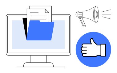 Dizin ve belgeli bilgisayar ekranı, duyurular için megafon, onay için başparmak ikonu. Organizasyon için ideal, dosya paylaşımı, iletişim, pazarlama, takım çalışması, bildirimler basit