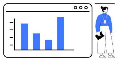 Ekranda, klasör tutan bir profesyonelin yanında bar çizelgesi var. Araştırma, analiz, strateji, rapor, iş planlaması, eğitim ve sunum temaları için ideal. Basit düz metafor