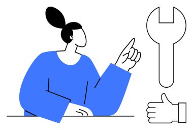 Kadın figürü yukarı doğru bir ingiliz anahtarı ve baş parmağıyla işaret ederek işbirliğini, araçları, onarımı, rehberliği ve yenilikçi çözümleri sembolize ediyor. Takım çalışması, destek ve servis yeniliği için ideal