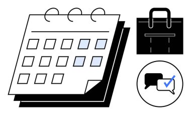 Seçili tarihlerle takvim, iş çantası, işaretli sohbet balonu. Zaman yönetimi, proje planlaması, programlama, teslim tarihleri, verimlilik iletişimi iş hedefleri için idealdir. Temizle