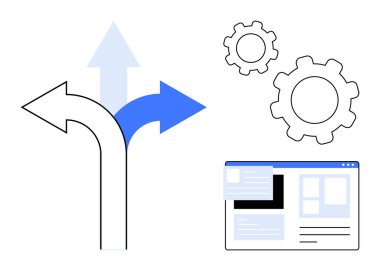 Üretkenliği sembolize eden üç yön oku ve bir web sayfası düzeni. Karar verme, süreç optimizasyonu, iş stratejisi, planlama, yenilik, kullanıcı tasarımı için ideal