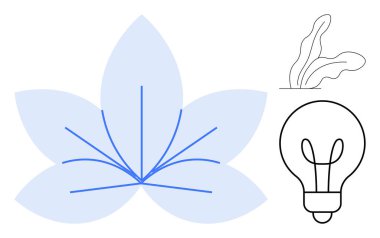 Soyut çizgileri olan mavi çiçek yaprakları, basit ampul çizgileri ve organik yaprak şekilleri. Yaratıcılık, yenilik, çevre, enerji kavramları, çevre dostu tasarım, eğitim ve büyüme için ideal