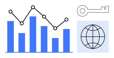 Bar grafiği, çizgi grafiği, dünya, anahtar görselleştirme analitikleri, küresel ulaşım, güvenlik, araştırma, yenilik stratejisi ve karar verme mekanizması. İş çevrimiçi araçlar için ideal teknik çözümler basit düz