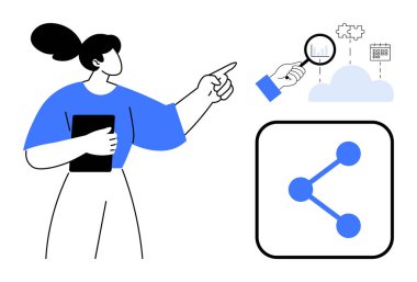 Teknoloji kaplamalarında tablet tutan kadın, simge paylaşımı, grafikler, bulut ve takvim üzerindeki büyüteç. Teknoloji, takım çalışması, veri analizi, yenilik stratejisi işbirliği için ideal