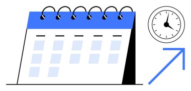 Zaman yönetimi, planlama ve üretkenliği vurgulayan spiral bağlayıcı, saat ve yukarı ok takvimi. Örgüt için ideal, mühlet takibi, hedef belirleme, verimlilik iş büyümesi