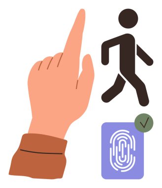 Eller yukarı, yürüyen insan şekli, yeşil işaretli parmak izi ikonu. Kimlik doğrulama, biyometrik erişim, güvenlik, teknoloji, doğrulama, hareket ve modern için ideal