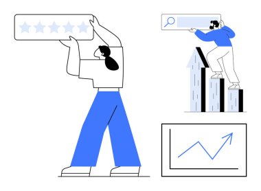 İnsanlar yıldız reytinglerini değerlendiriyor, büyüme grafiklerini analiz ediyor ve arama yapıyorlar. Ticari başarı, geri bildirim, analitik, takım çalışması, müşteri deneyimi, performans sade düz metafor için ideal