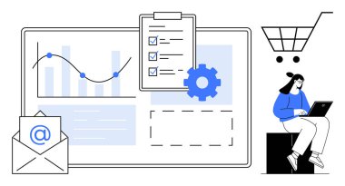 Veri eğilimlerini, kontrol listesini, e-posta, alışveriş arabası ve dizüstü bilgisayarda çalışan kullanıcıyı gösteren grafik. E-ticaret, pazarlama, iş planlaması, analitik verimliliği çevrimiçi uzaktan alışveriş için ideal