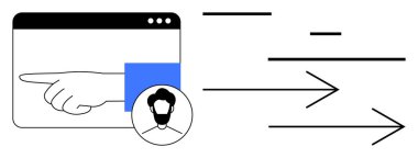 Pencere içinde sağa bakan eller, yüz profili simgesi, ileri doğru hareket eden oklar. Rehberlik, kullanıcı deneyimi, navigasyon, takım çalışması, ilerleme, karar veren basit iniş sayfası için ideal