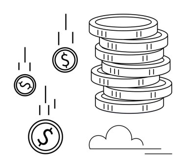 Bozuk paraların yanında dolar işaretleri ve bulut çizgisi olan bozuk paralar. Finans, zenginlik, yatırım, tasarruf, ekonomi, gelir ve başarı için ideal. Basit düz metafor