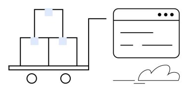 Dijital web arayüzüne bağlı kutularla dolu araba çevrimiçi lojistik, tedarik zinciri ve nakliyeyi sembolize ediyor. Dış ticaret, teslimat, envanter yönetimi, depolama, otomasyon için ideal.