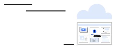 Grafikleri, ölçümleri ve bulut grafiğinin altında etkileşimli kontrolleri olan gösterge paneli. Veri yönetimi, analitik, bulut hesaplama, iş anlayışı, modern teknoloji, yenilik için ideal düz metafor