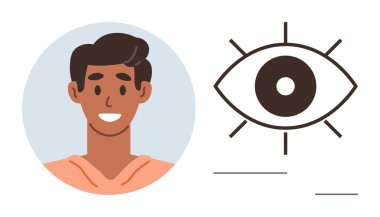 Çemberin içinde gülümseyen genç bir adam, basit bir göz grafiğinin yanında, ışık saçan çizgilerle. İletişim, farkındalık, görüş, odaklanma, kimlik, farkındalık, kişisel gelişim için ideal. Basit düz