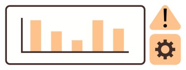 Veri eğilimlerini gösteren çubuk grafik, bir uyarı simgesi ve bir ayar teçhizatı ile birlikte. Analiz, performans izleme, veri sorunları, sorun çözme, bakım, iş akışı ve basit konular için ideal