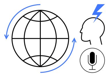 Oklu dünya, yıldırımlı kafa, mikrofon iletişimi, yeniliği, küresel ağı akla getiriyor. Teknoloji için ideal, yapay zeka, beyin fırtınası, ses teknolojisi küreselleşme bağlantısı basit