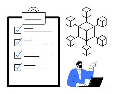 Kontrol listesi olan büyük bir pano, geometrik ağ şeması ve dizüstü bilgisayarda otururken profesyonel bir işaret. Üretkenlik, görev yönetimi, planlama, organizasyon, takım çalışması için ideal