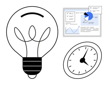 Yeniliği temsil eden ampul, içgörü için veri analiz ekranı ve zaman yönetimini gösteren saat. Beyin fırtınası, yaratıcılık, üretkenlik, strateji, teknoloji ve iş için ideal