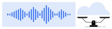 Mavi ses dalgası deseni dengeleyici bir ölçek ve bulut ile yan yana. Teknoloji, ses, veri analizi, bulut hesaplaması, denge, bağlantı ve yenilik için ideal. Basit düz metafor