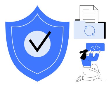 İşaretli mavi kalkan, belge eşzamanlama simgesi ve kişi kodlaması veri güvenliğini belirtir. Siber güvenlik, gizlilik, güvenli internet, çevrimiçi uygulamalar, yazılım araçları, basit iniş sayfaları için ideal