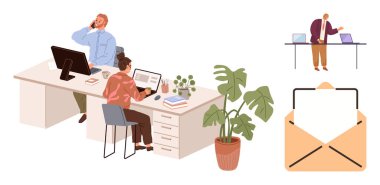 Çalışma masasında bilgisayar, saksı, dizüstü bilgisayar ve zarf kullanan iki kişi var. Takım çalışması için ideal, üretkenlik, uzaktan çalışma, iletişim, kurumsal teknoloji