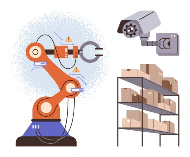Robotik kol işleri, güvenlik kamerası izleme alanı, raflar dolusu kutular. Otomasyon, lojistik, tedarik zinciri, yapay zeka, robot imalatı güvenliği için ideal. Basit düz metafor